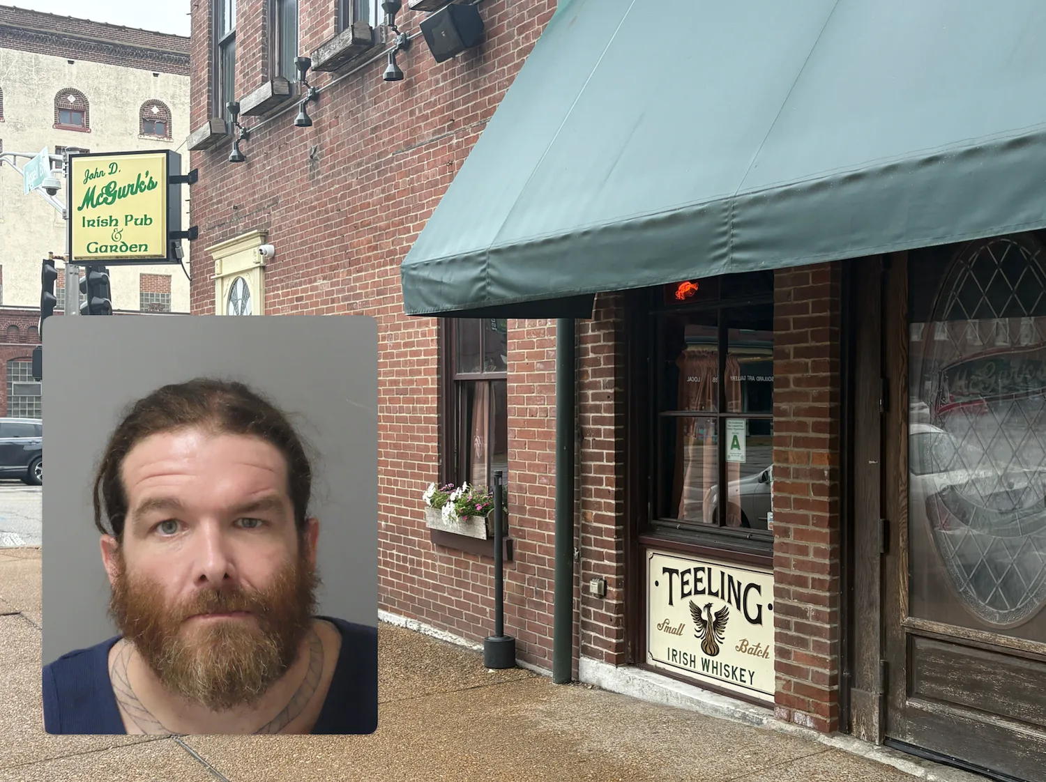 The exterior of a bar with the inset of a man's mug shot.