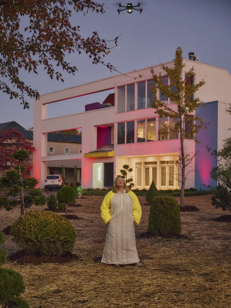 St. Louis artist Katherine Bernhardt stands alongside various shaped topiaries in front of her brightly colored home in early evening.