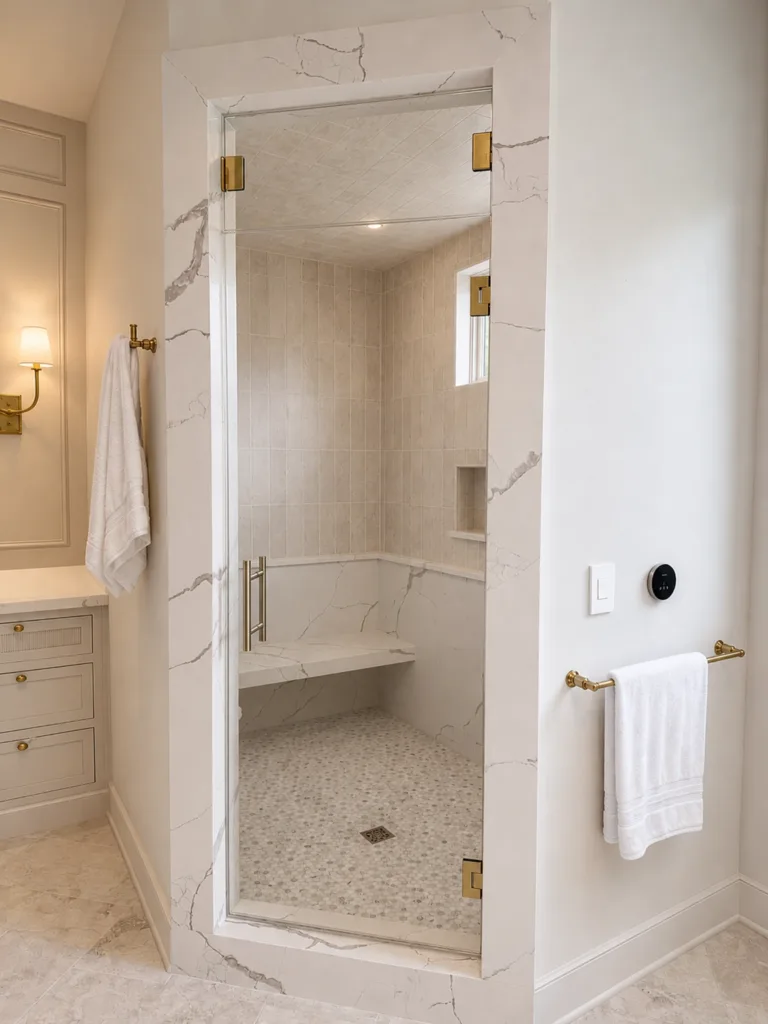 A bright beige bathroom with a walk-in tiled shower.