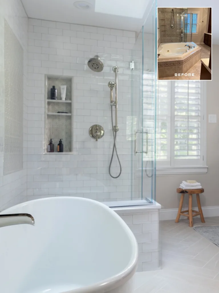 A side-by-side before and after comparison of a bathroom renovation in which a dated jacuzzi bathtub was replaced by a more modern, organically-shaped tub.