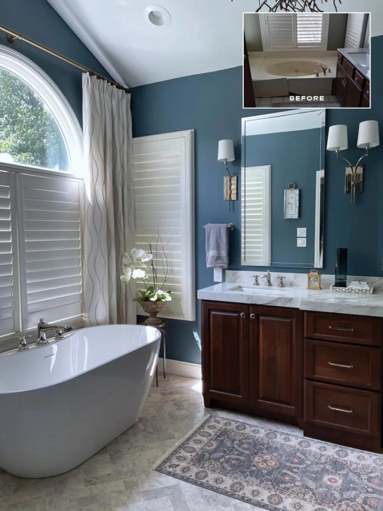 A side-by-side before and after comparison of a bathroom renovation in which a dated jacuzzi bathtub was replaced by a more modern, organically-shaped tub.
