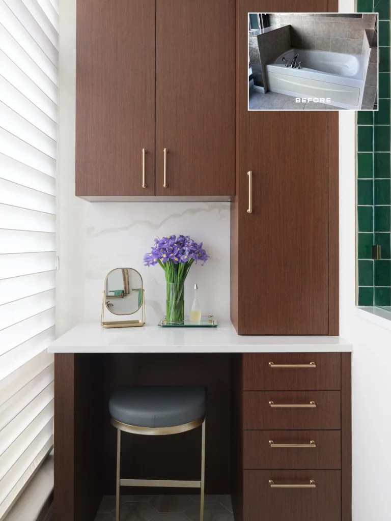 A side-by-side before and after comparison of a bathroom renovation in which a jacuzzi bathtub was replaced by a vanity with marble counters and dark wood cabinets.