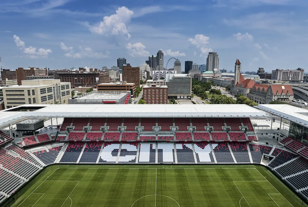 Energizer Park with the downtown St. Louis skyline in the background.