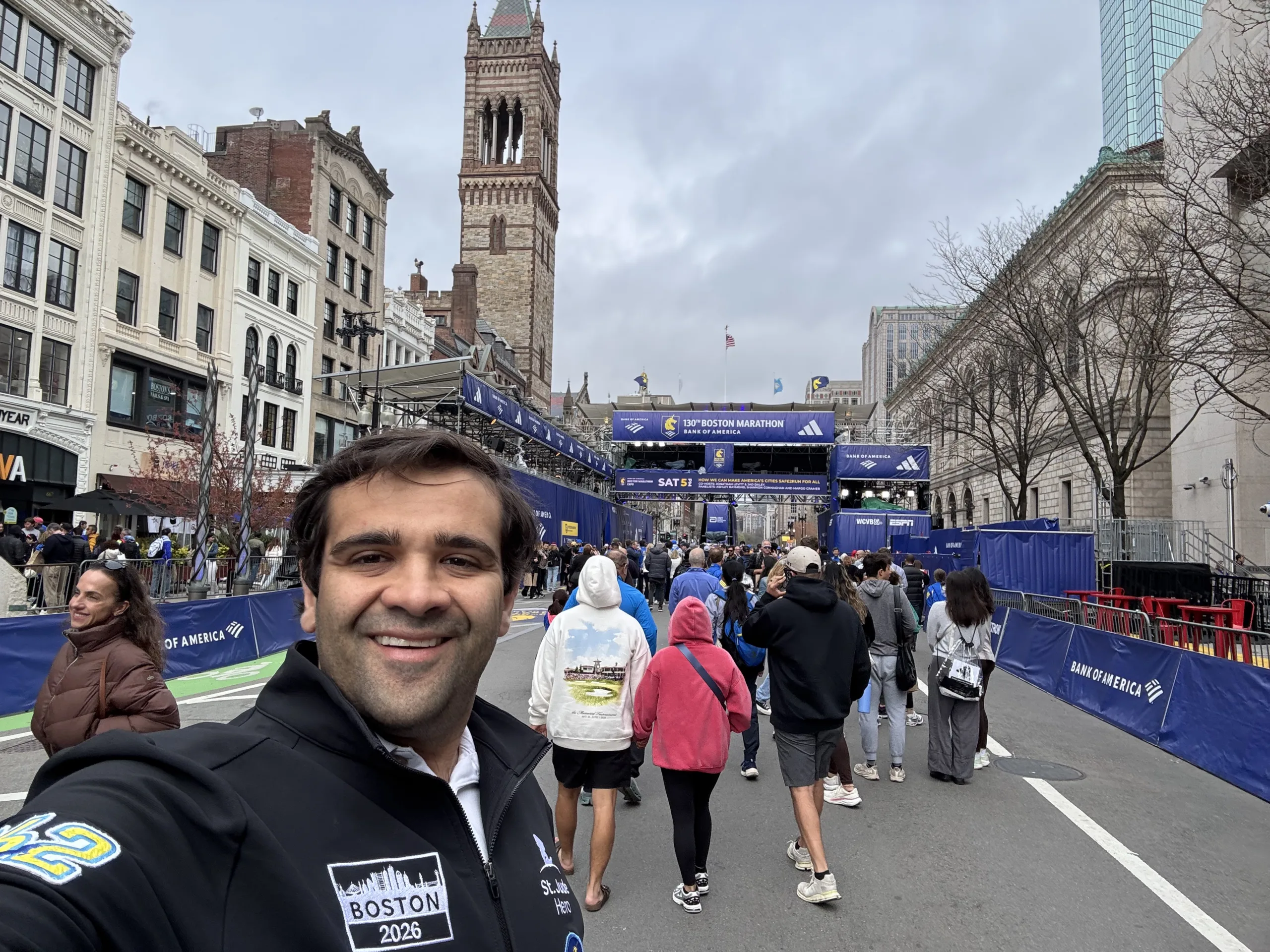 Scott MacArthur celebrates completing the 2026 Boston Marathon.