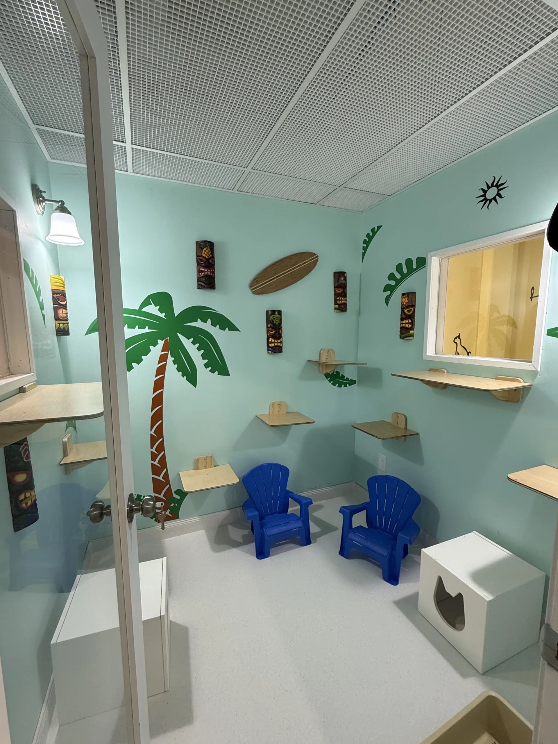 This tropical-inspired suite brings vacation vibes with climbing shelves and playful décor designed for curious cats.