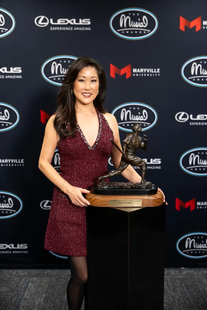 Olympic gold medalist Kristi Yamaguchi poses with her Lifetime Achievement Award at the 2025 Musial Awards.