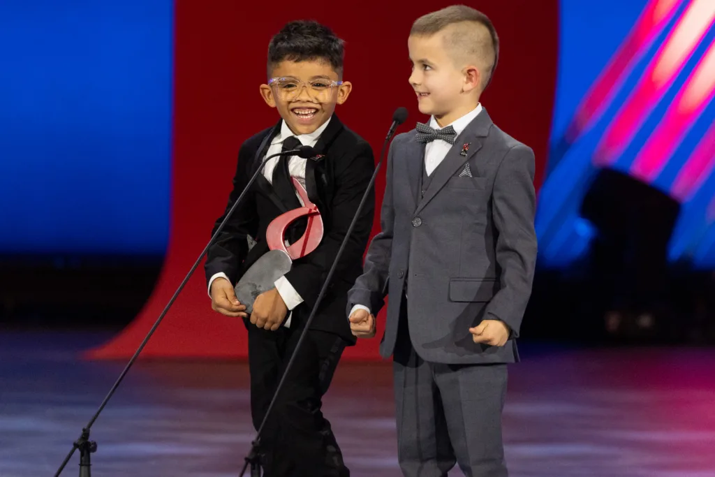 Elijah Hagen and Xander Alcala take the stage during the 2025 Musial Awards.