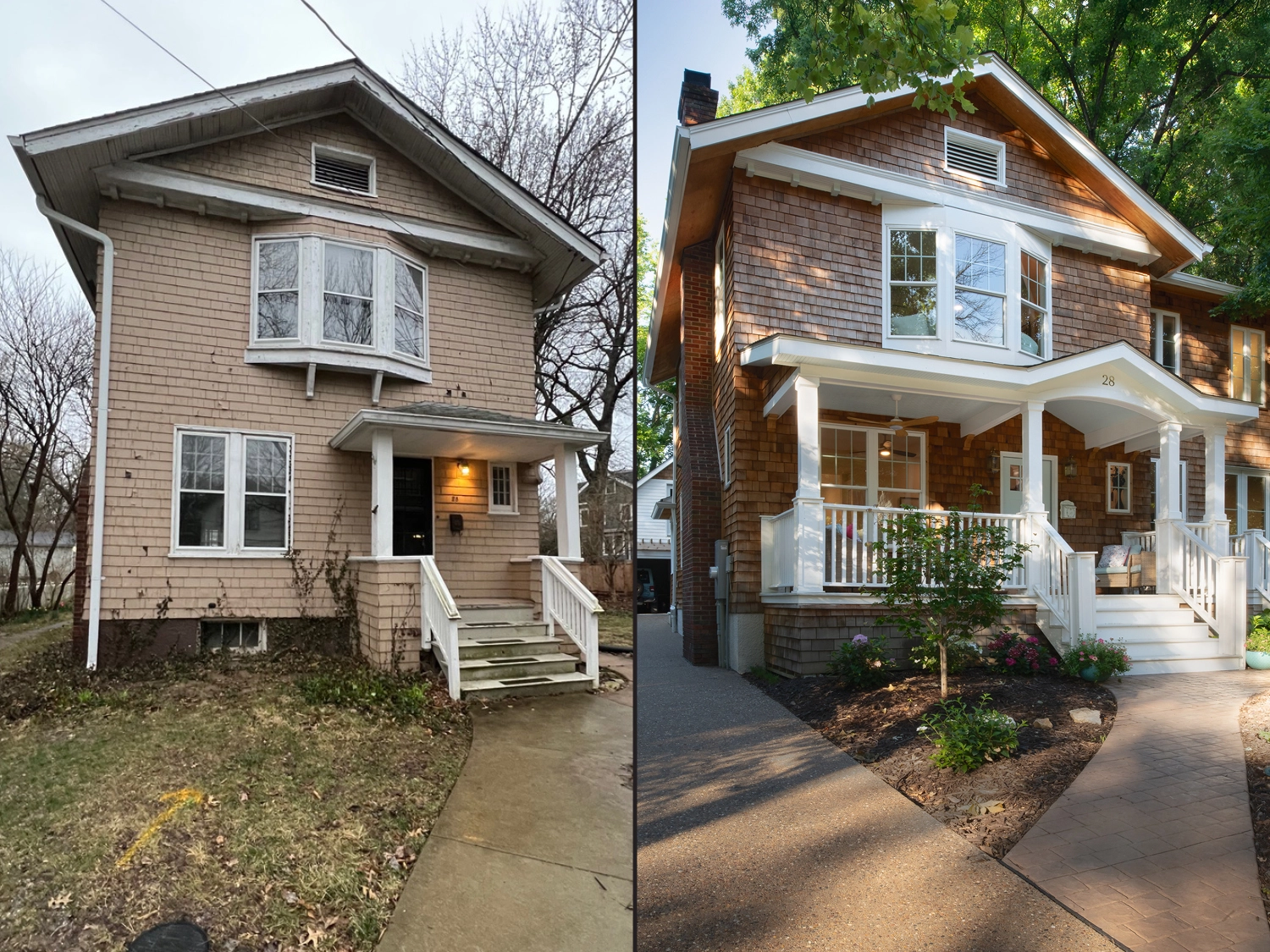 A before and after comparison of a newly renovated historic home in Webster Groves.