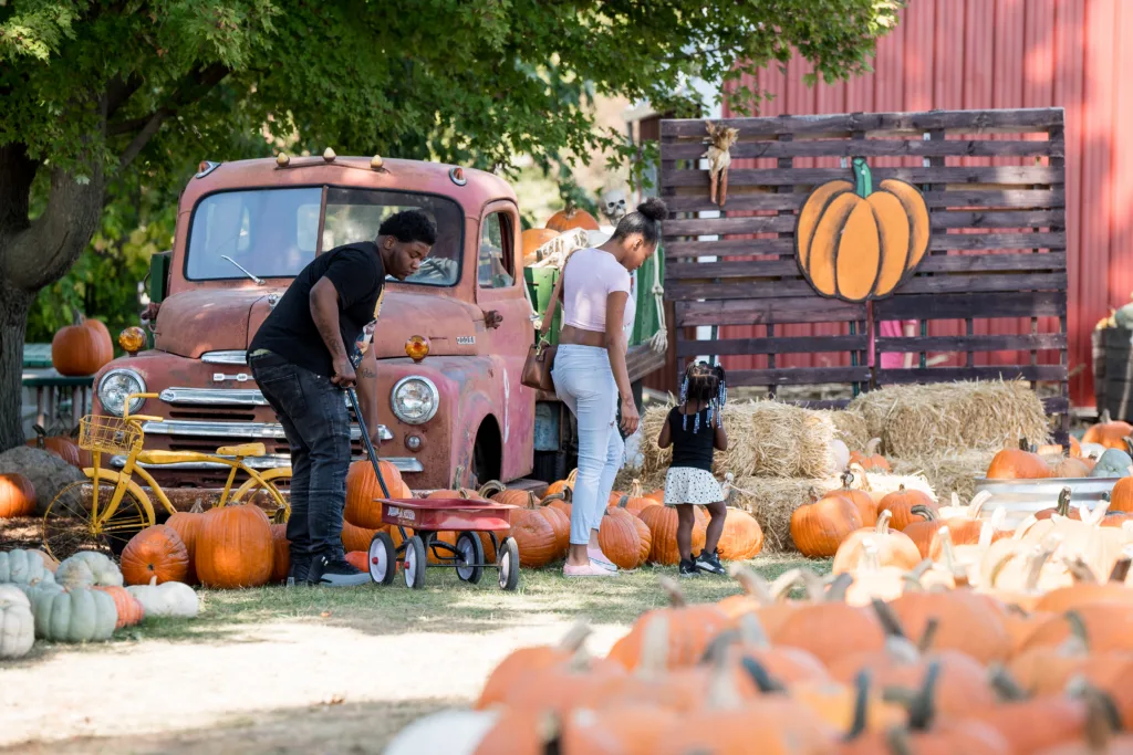 A family explores the pumpkin patch and fall displays at Curtis Orchard & Pumpkin Patch.