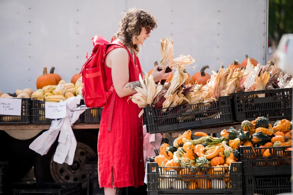 A shopper browses colorful corn, gourds, and other seasonal finds at a local market in Champaign-Urbana.