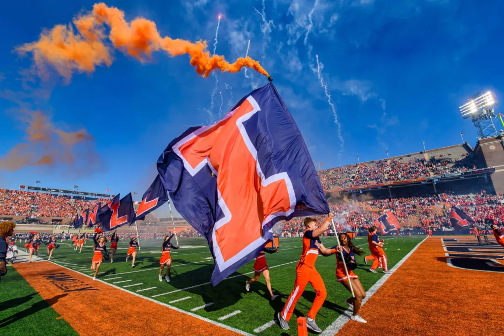 Fighting Illini spirit fills Memorial Stadium on game day at the University of Illinois Urbana-Champaign.
