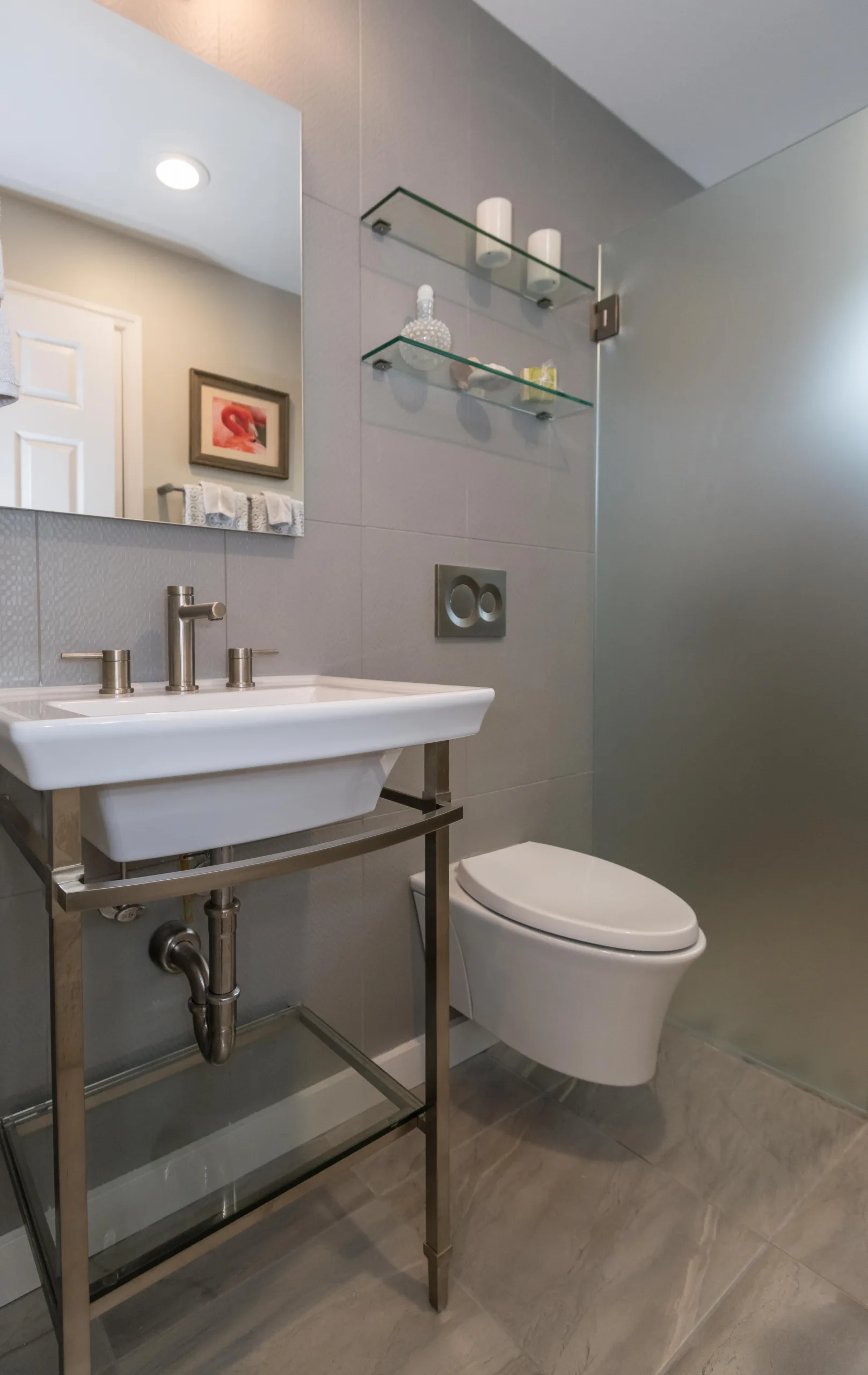 By hiding the tank within the wall, an in-wall toilet can save several inches of space—an especially useful solution in smaller bathrooms and powder rooms.