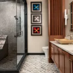 A strategically placed privacy panel helps keep the toilet from becoming the focal point.