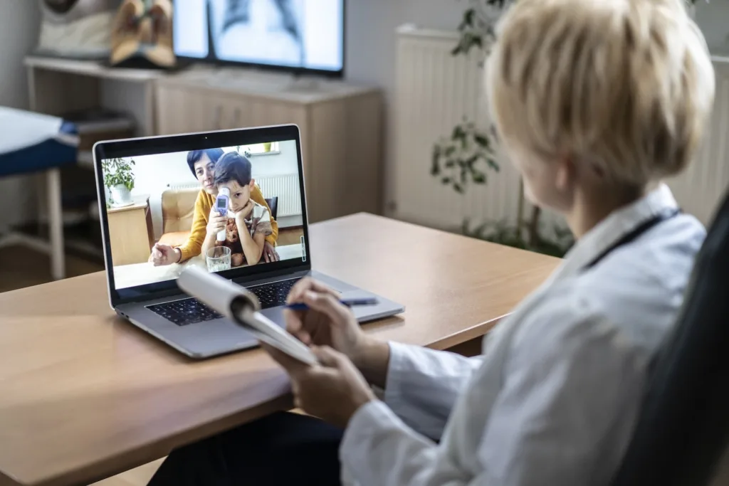 doctor having video chat with family