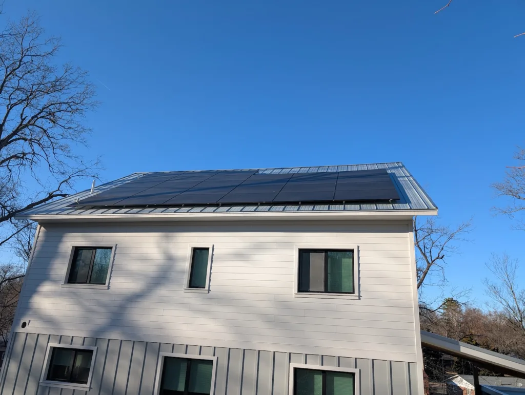 A roof with solar panels on it.